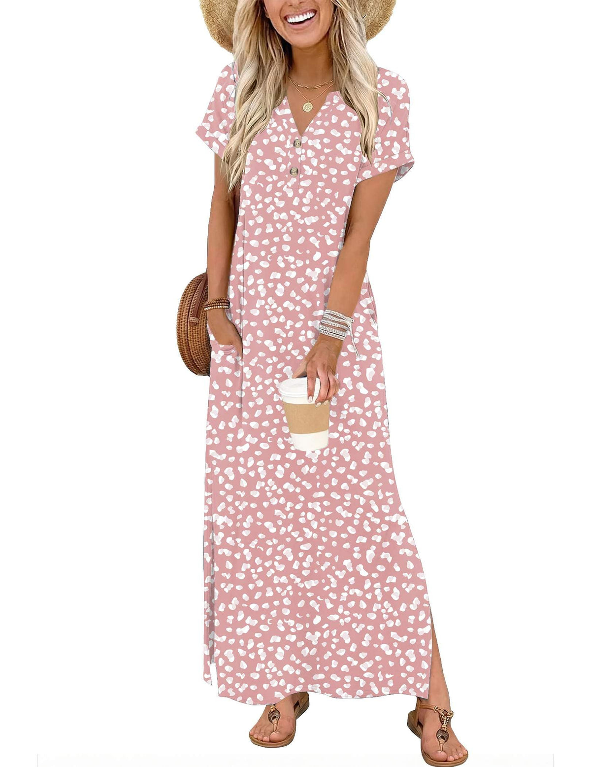 Zeagoo Summer Dresses for Women 2026 Maxi Dresses Vacation Sundress Short Sleeve Casual Sundresses Split Dress with Pockets