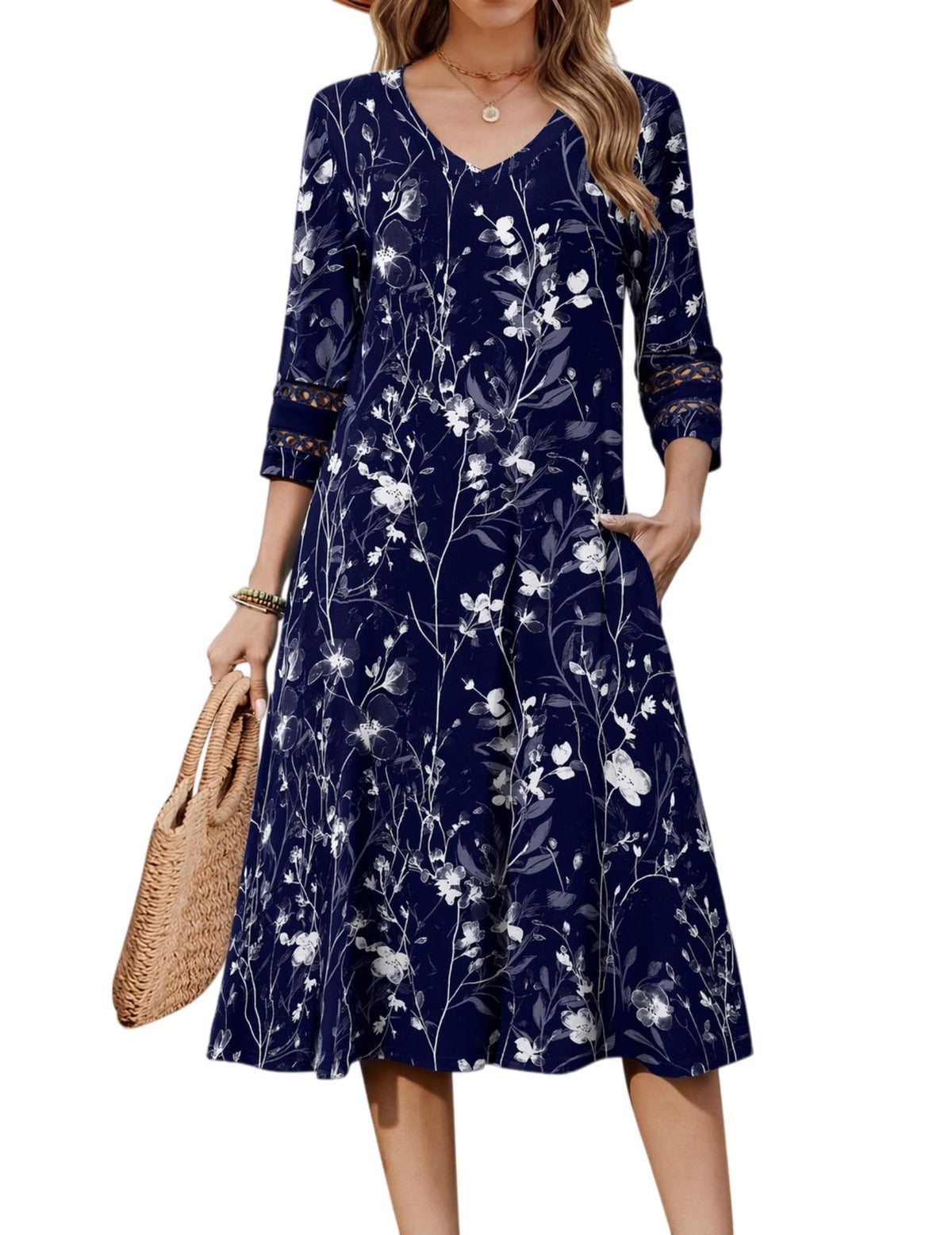 Zeagoo Women's Dresses 3/4 Sleeve Casual V-Neck A Line Eyelet Midi Dress