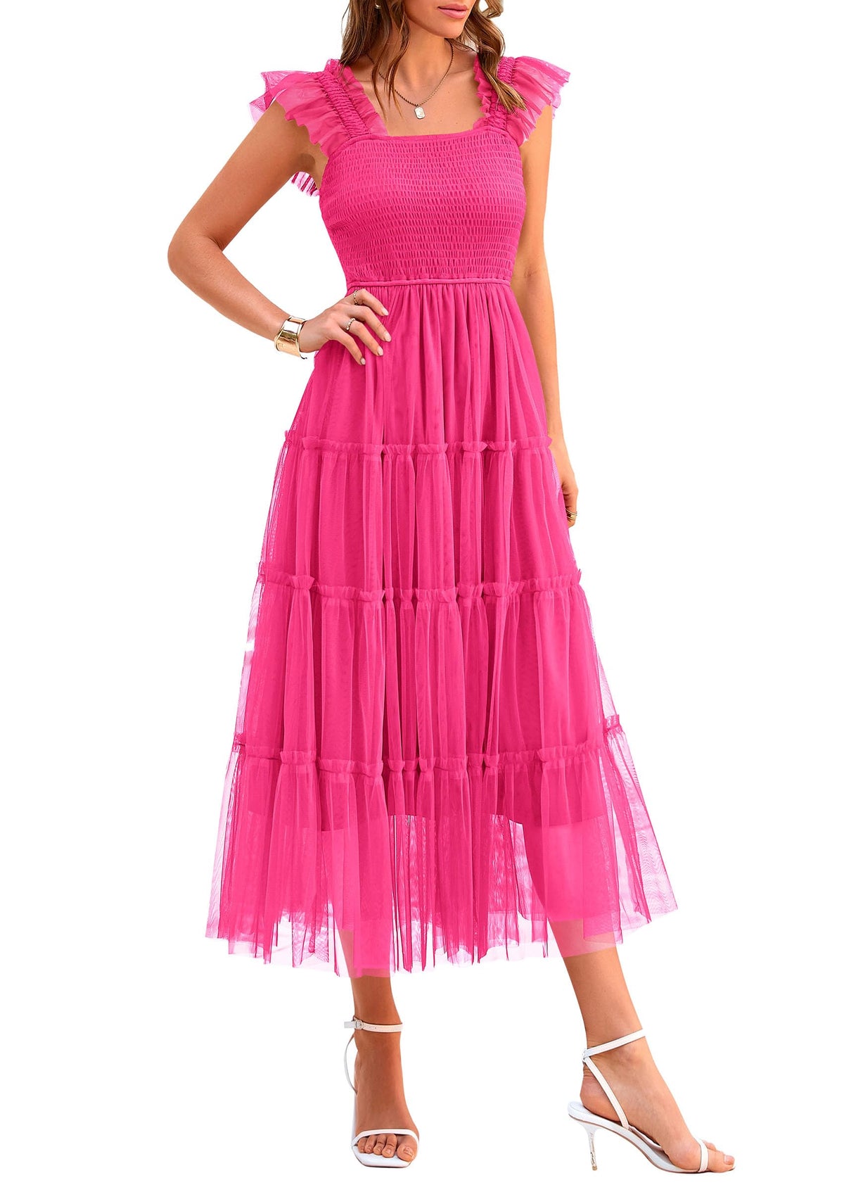 PRETTYGARDEN Women's Summer Smocked Midi Tulle Dress