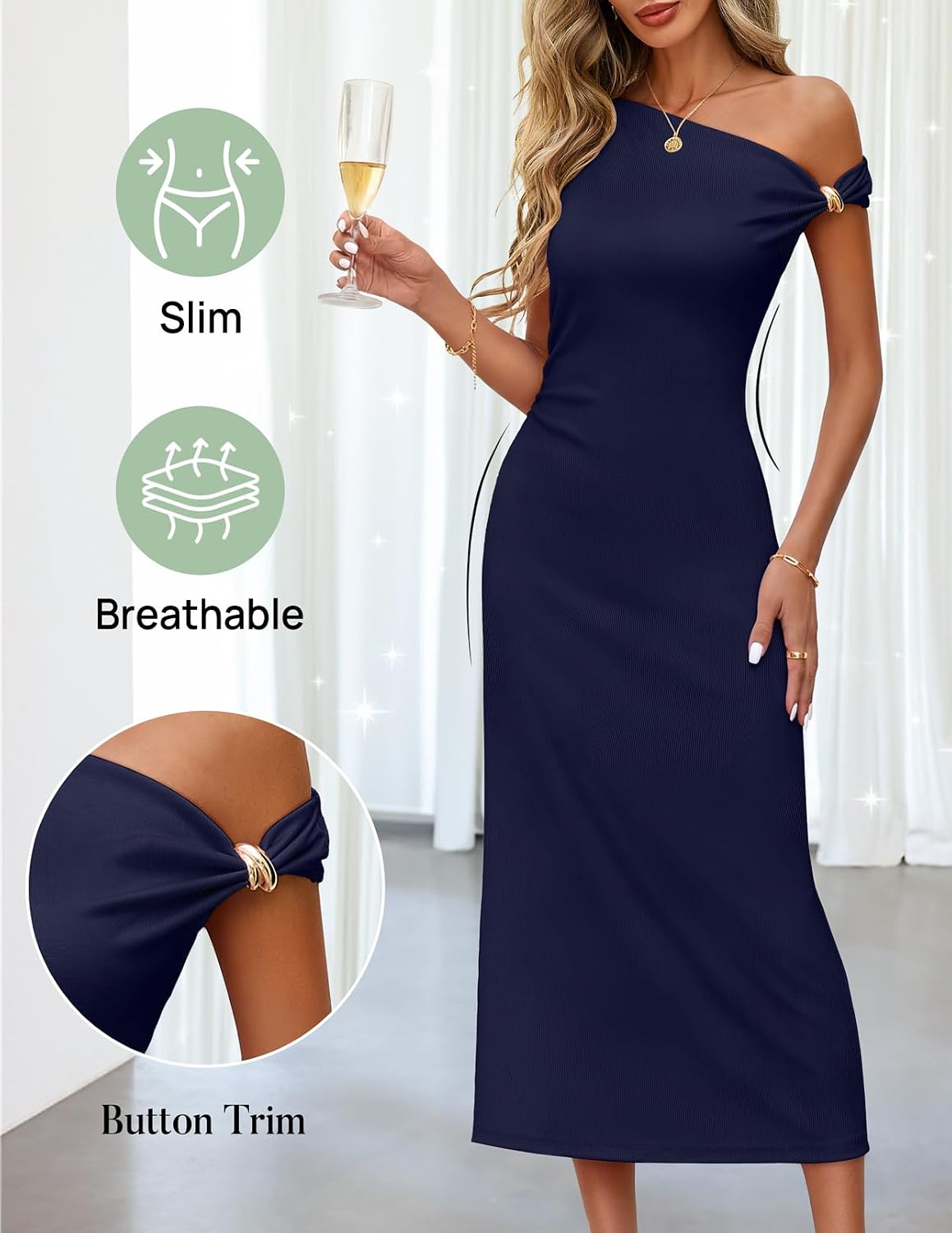 MEROKEETY Women's Wedding Guest One Shoulder Dresses 2026 Summer Formal Elegant Cocktail Party Midi Dress