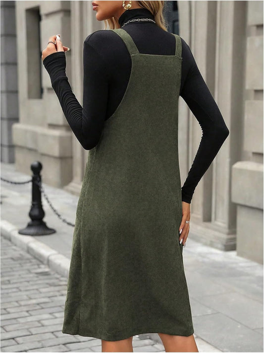 SOLY HUX Women's Sleeveless Corduroy Overall Dress Knee Length Dresses