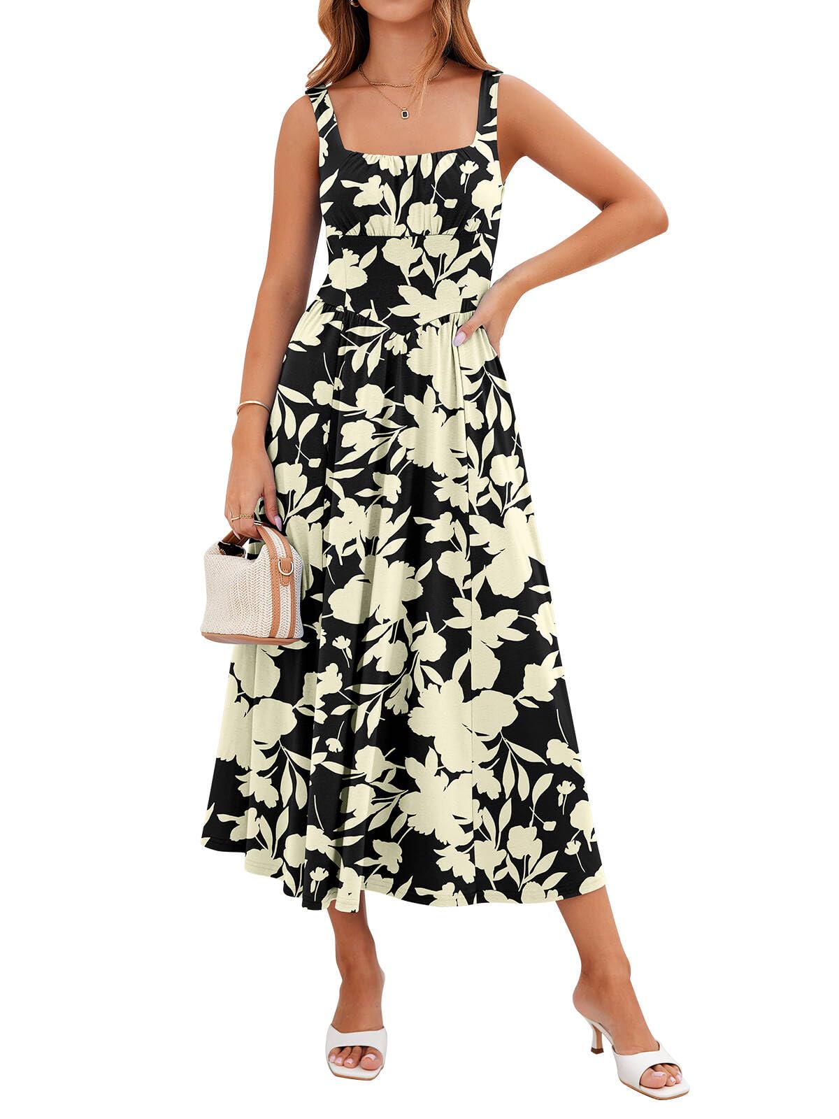 YIOYOLA Womens Casual Summer Dress with Pockets | Sleeveless Square Neck Flowy A-Line Midi Sundress for Beach & Wedding Guest