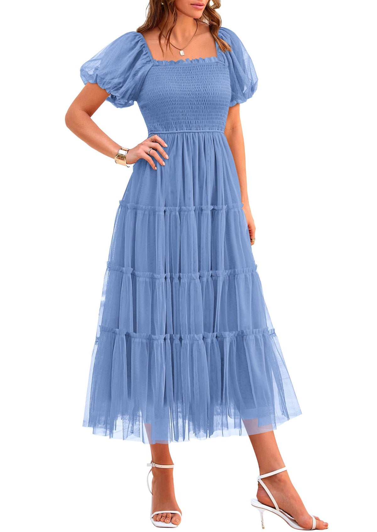PRETTYGARDEN Women's Summer Smocked Midi Tulle Dress