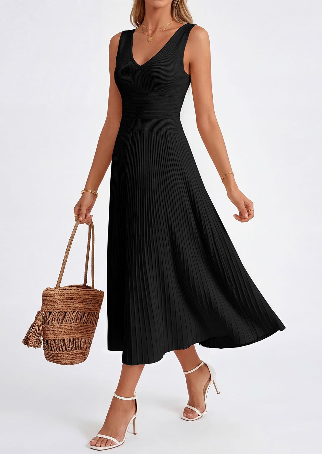 PRETTYGARDEN Women's Summer V Neck Pleated Midi Dress