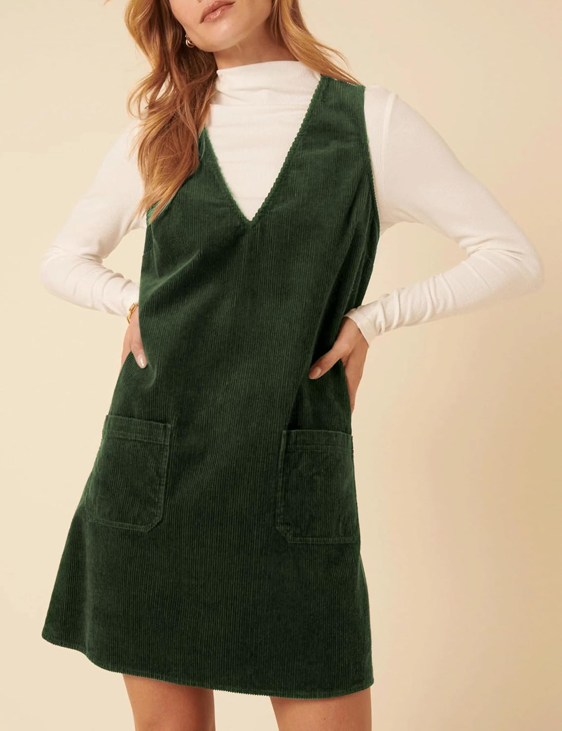 Hooever Women Corduroy Overall Dress V Neck A Line Skirtall Jumper Mini Dress Pinafore with Pockets