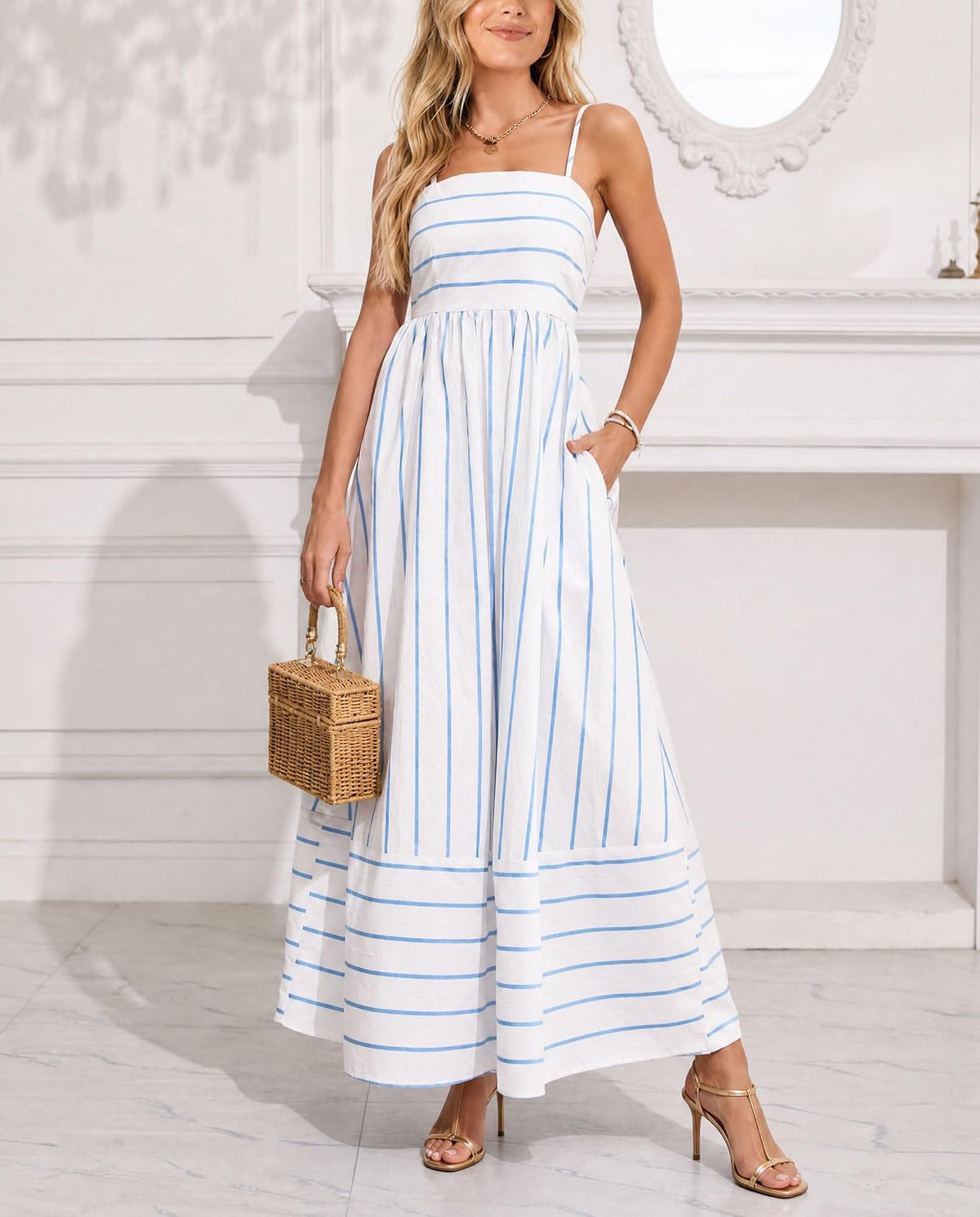 chouyatou Women's Striped Back Smocked Maxi Dress Sexy Spaghetti Strap Cut Out Flowy Swing Long Dress