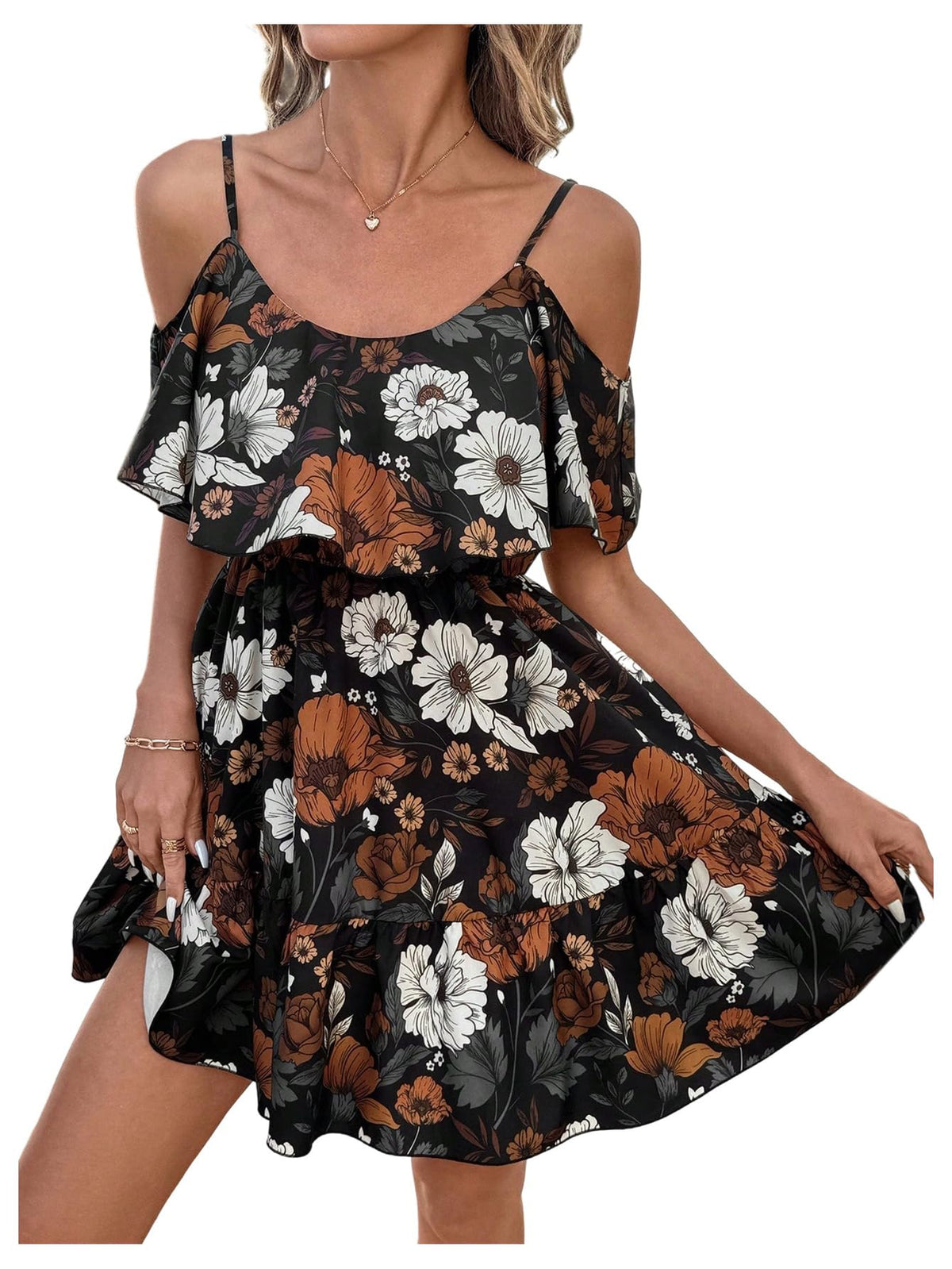 SOLY HUX Women's Summer Floral Mini Dress Cold Shoulder Ruffle Dresses