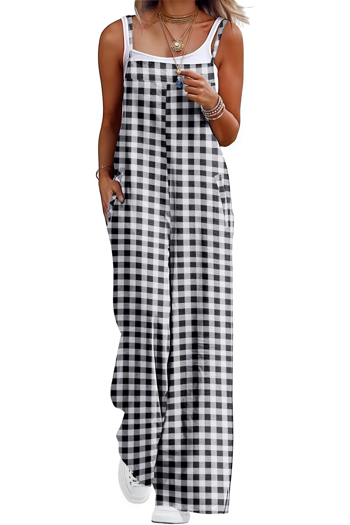 Lepunuo Womens Casual Loose Jumpsuits Summer Boho Wide Leg Rompers Sleeveless Overalls with Pockets