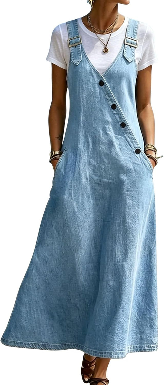 chouyatou Women's Adjustable Straps Denim Overall Dress Jean Pinafore Jumper Mid Long Dress With Pockets