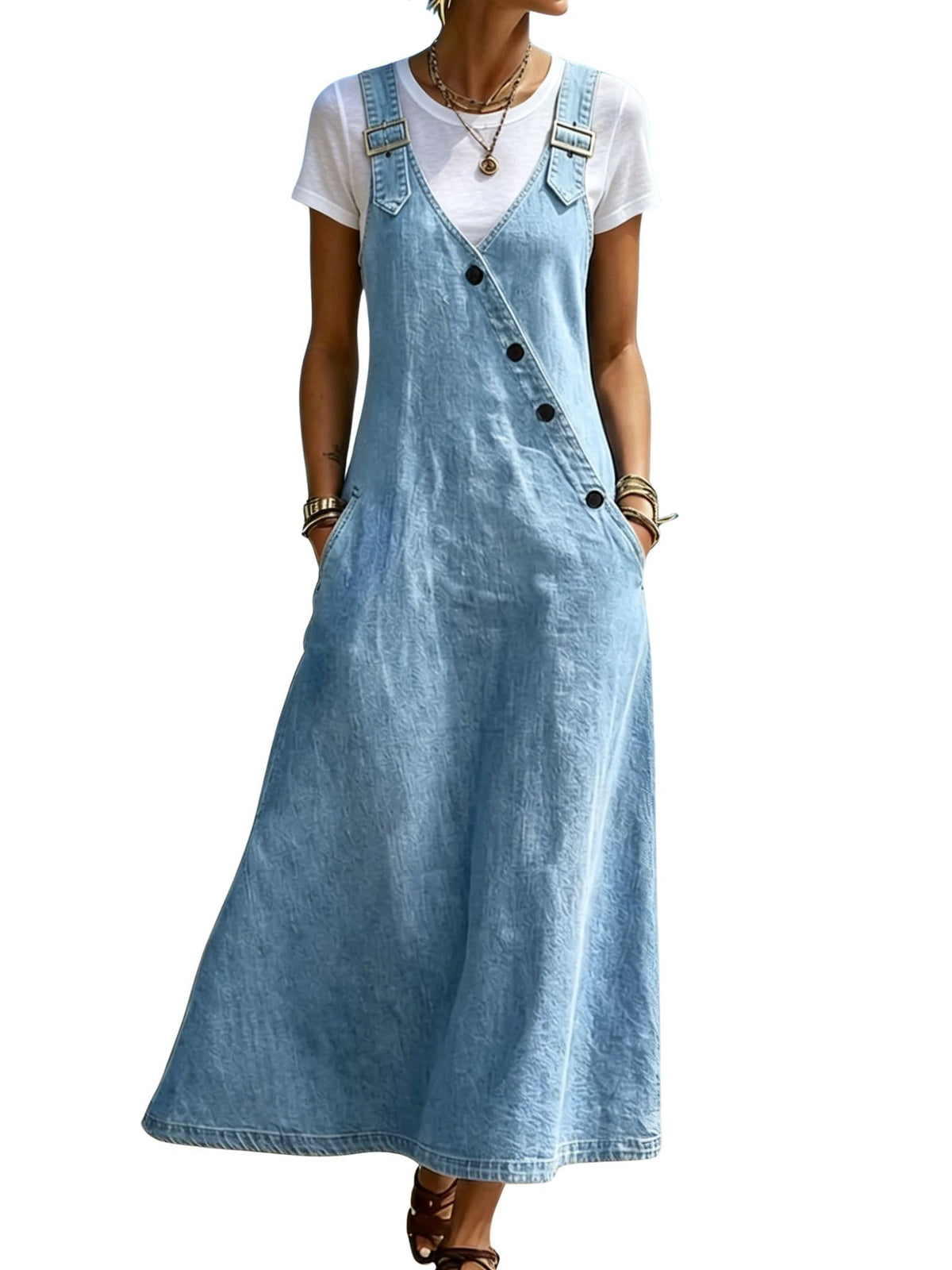 chouyatou Women's Adjustable Straps Denim Overall Dress Jean Pinafore Jumper Mid Long Dress With Pockets