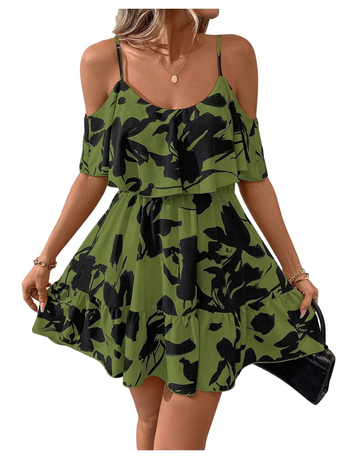 SOLY HUX Women's Summer Floral Mini Dress Cold Shoulder Ruffle Dresses