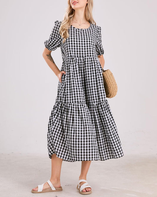 chouyatou Women's Retro Lantern Puff Sleeve Plaid Dress Gingham Swing Tiered Midi Long Dress