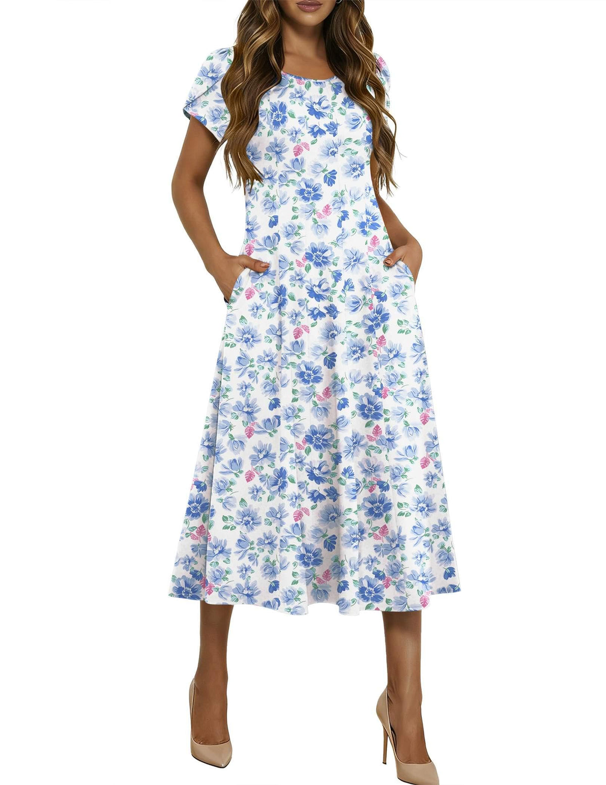 HOTOUCH Summer Dresses for Women 2026 Casual Midi Dress Petal Short Sleeve A Line Dress Pleated Flare Sundress