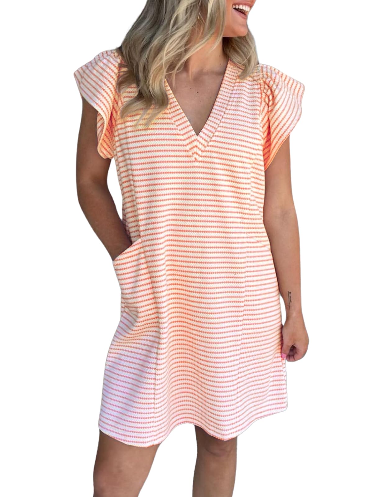 Mieazom Striped V-Neck Mini Dress for Women Puff Sleeve Casual Dress with Pockets, Comfortable & Stylish for Summer