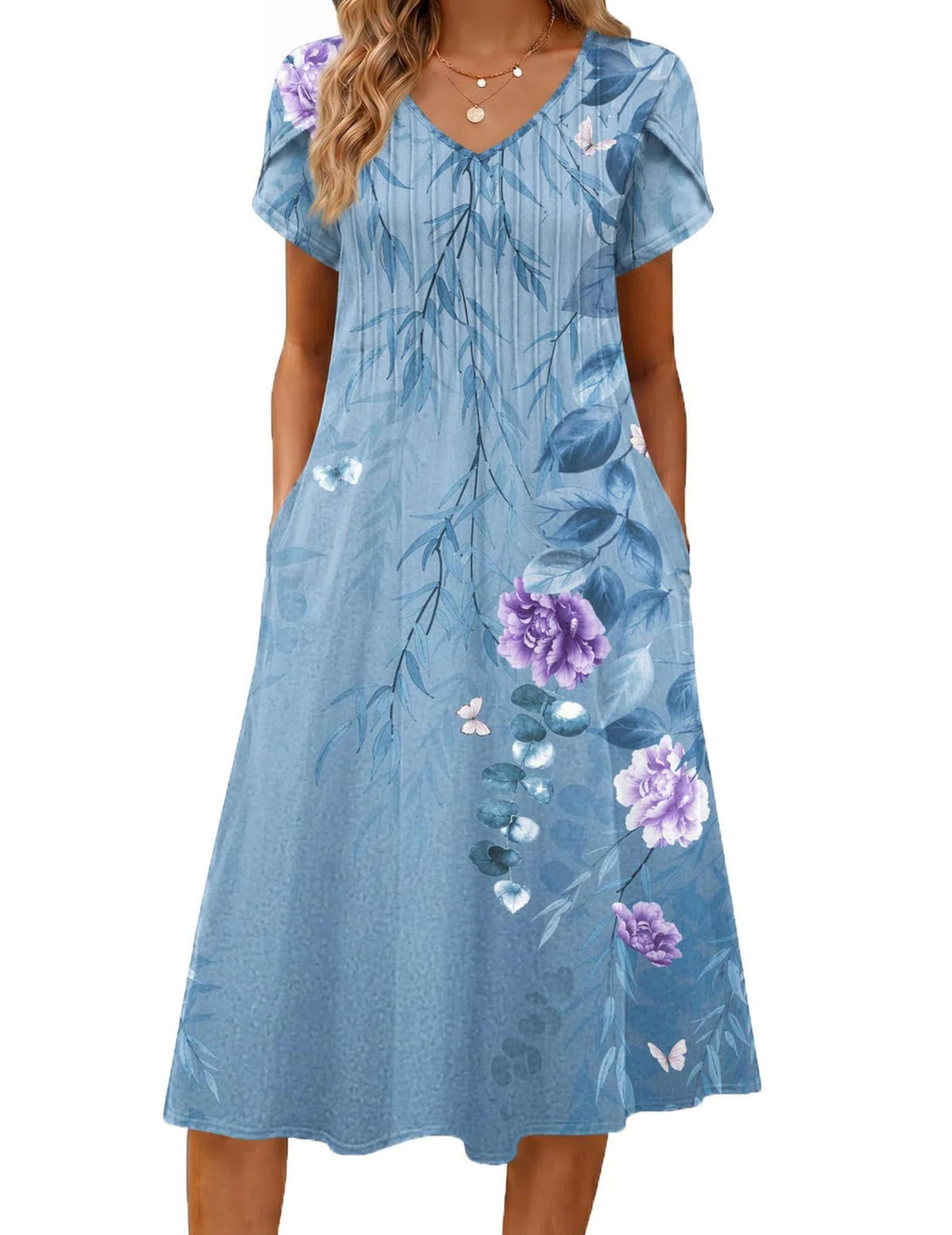 Zeagoo Womens Casual Summer Dress 2026 Short Sleeve Dresses Pleats Midi A Line Flowy Dress Boho Beach Sundress with Pockets