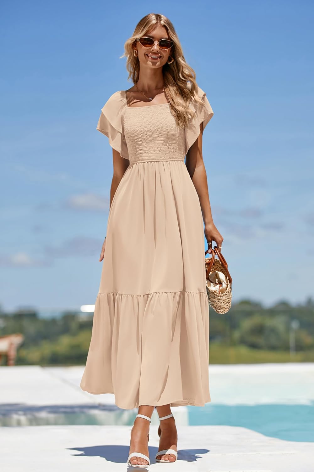 MASCOMODA Womens Summer Casual Smocked Flowy Midi Dress
