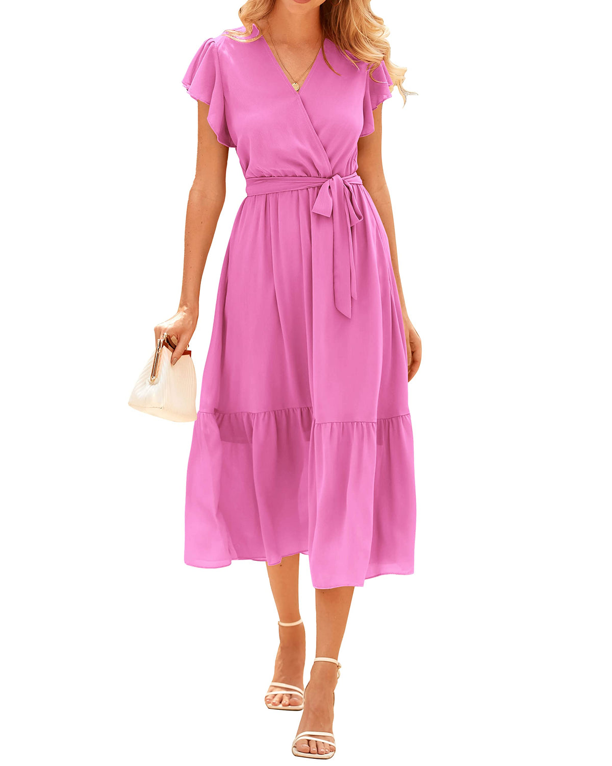 BTFBM Women Summer Casual Wrap V Neck Ruffle Cap Sleeve Belted Midi Dress