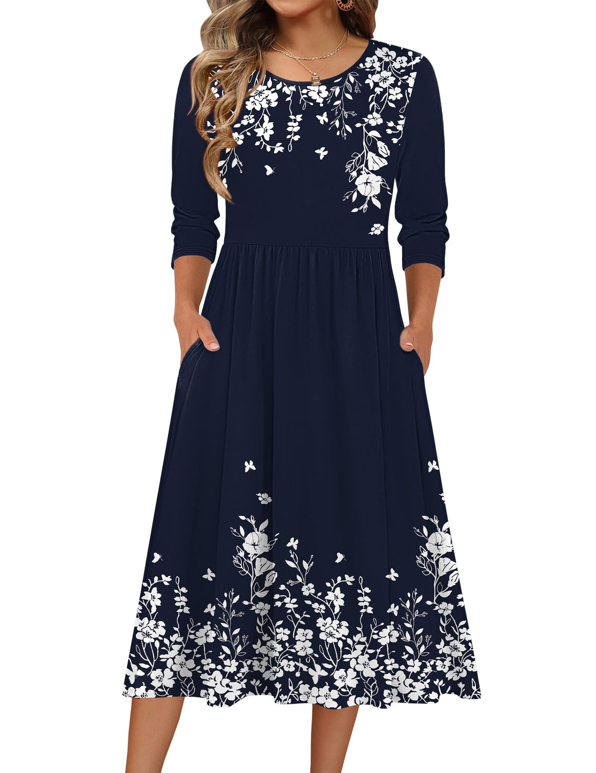 Zeagoo 3/4 Sleeve Women's Dress Casual Aline Summer Fall Midi Long Dresses