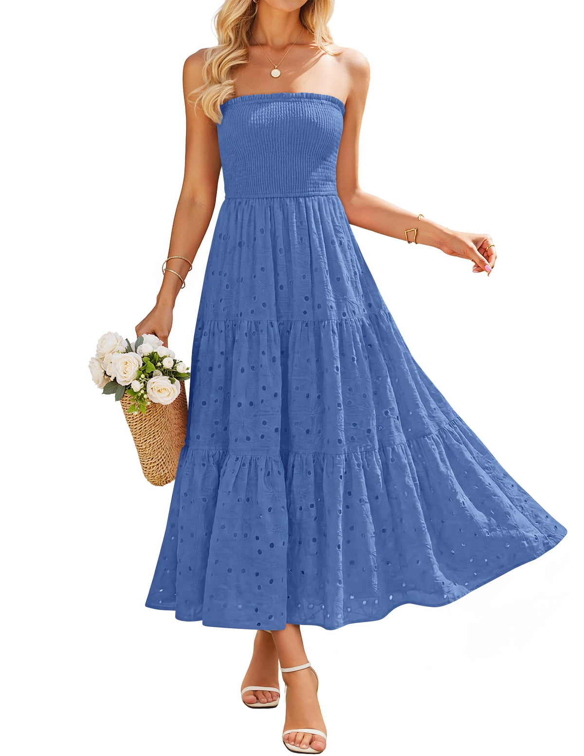 ZESICA Womens 2026 Summer Boho Strapless Smocked Midi Dresses