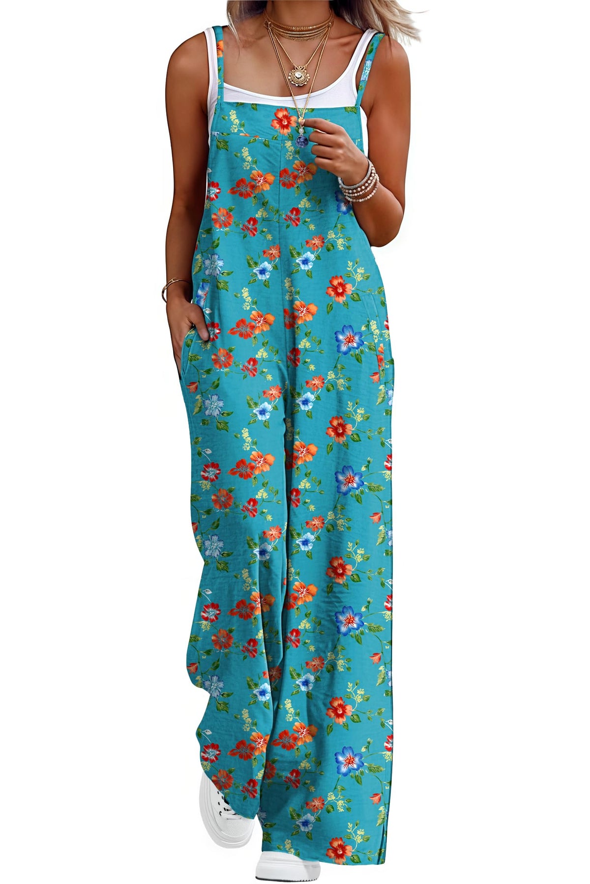 Lepunuo Womens Casual Loose Jumpsuits Summer Boho Wide Leg Rompers Sleeveless Overalls with Pockets