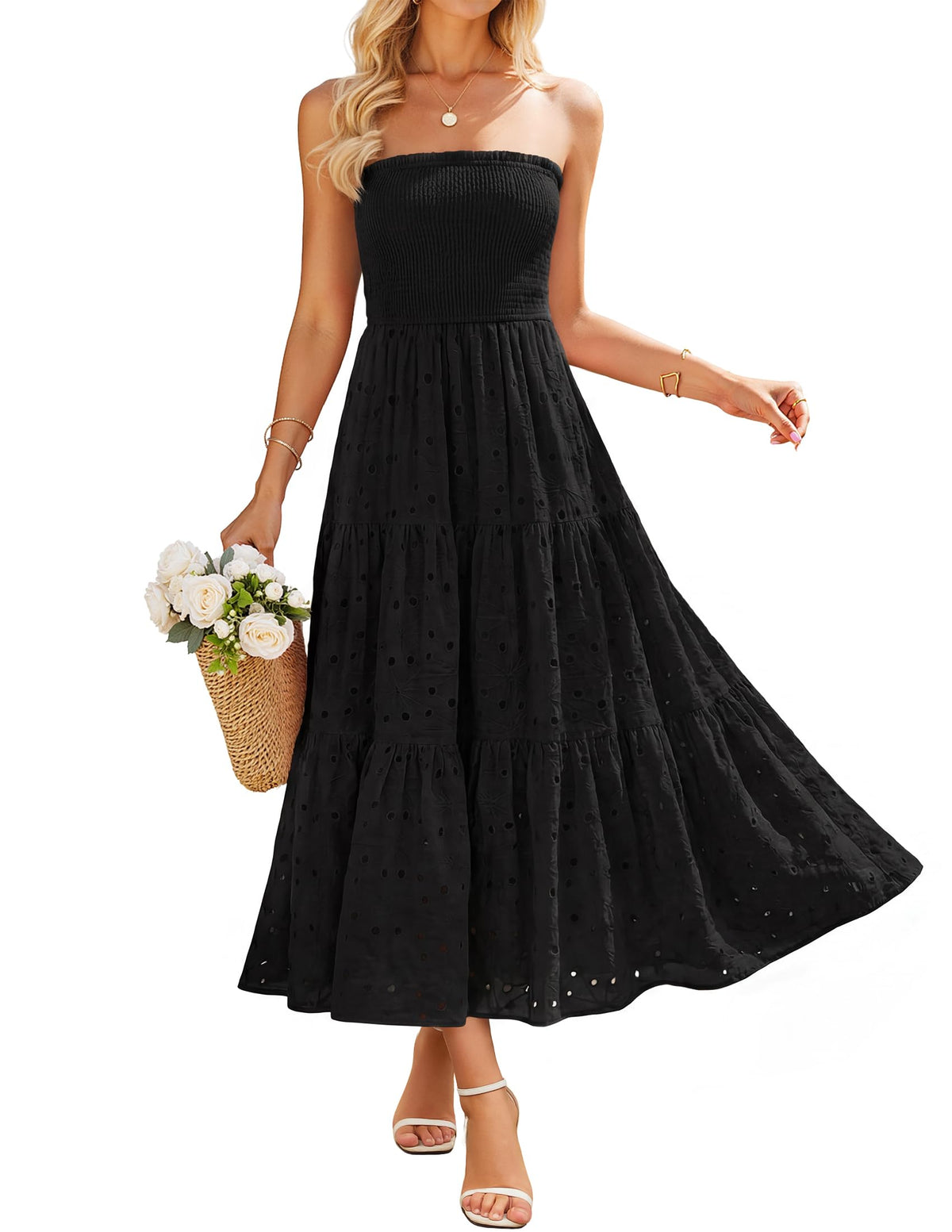 ZESICA Womens 2026 Summer Boho Strapless Smocked Midi Dresses
