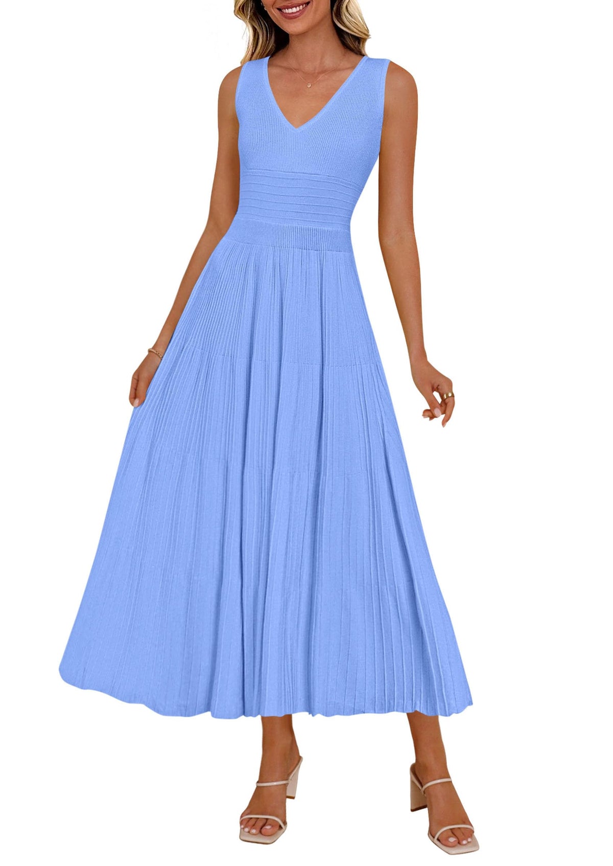 PRETTYGARDEN Women's Summer V Neck Pleated Midi Dress