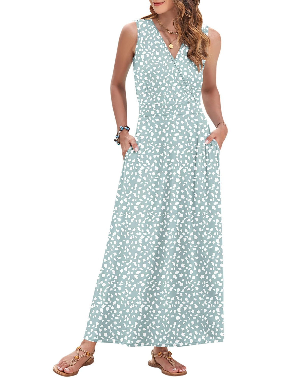 AUSELILY Womens Maxi Dress Summer Sleeveless Wrap Long Dresses with Pockets