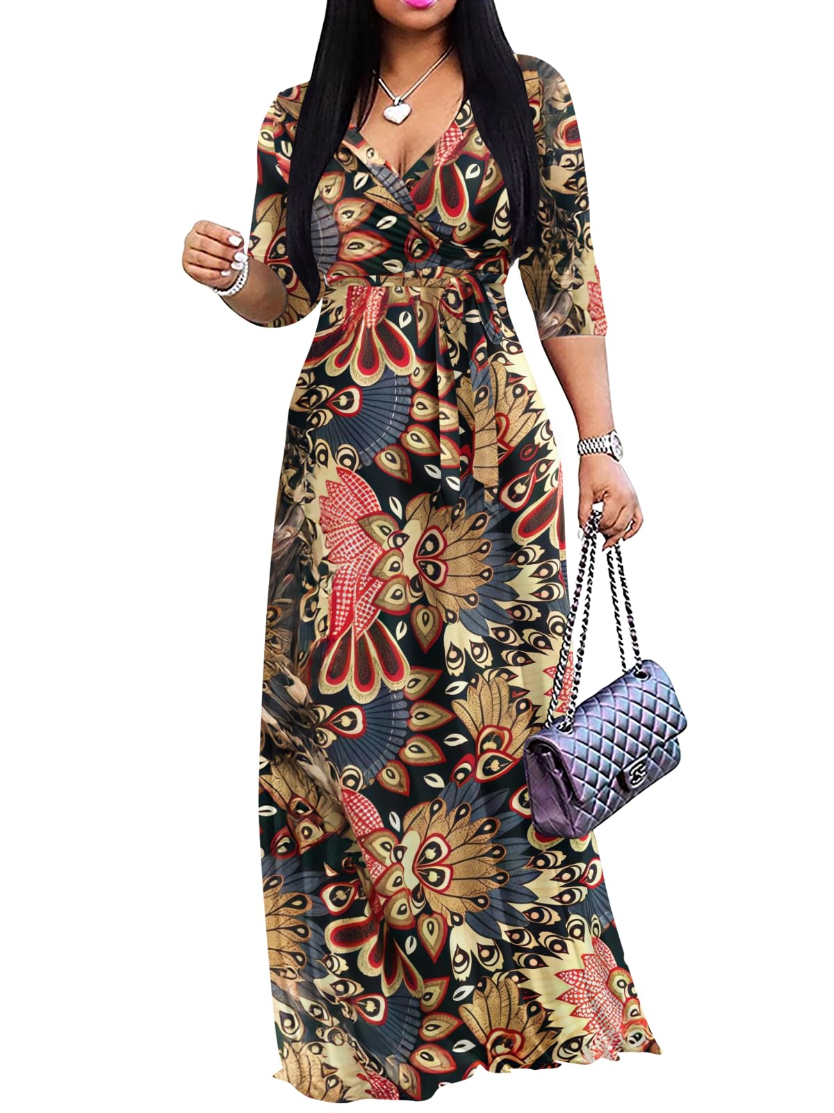 Yajedo Womens Casual Summer Maxi Dress Plus Size Sexy Wrap V Neck 3/4 Sleeve Sundress with Pockets