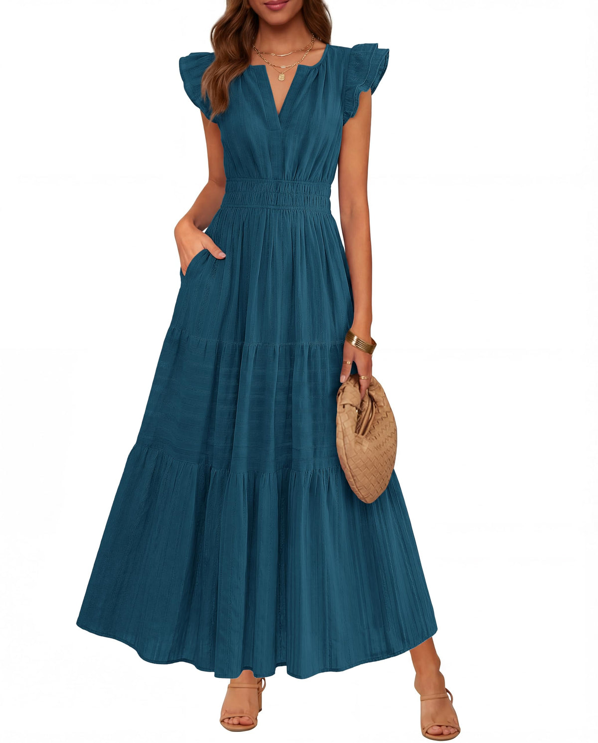 BTFBM Womens Summer Casual Ruffle Sleeve Maxi Dress