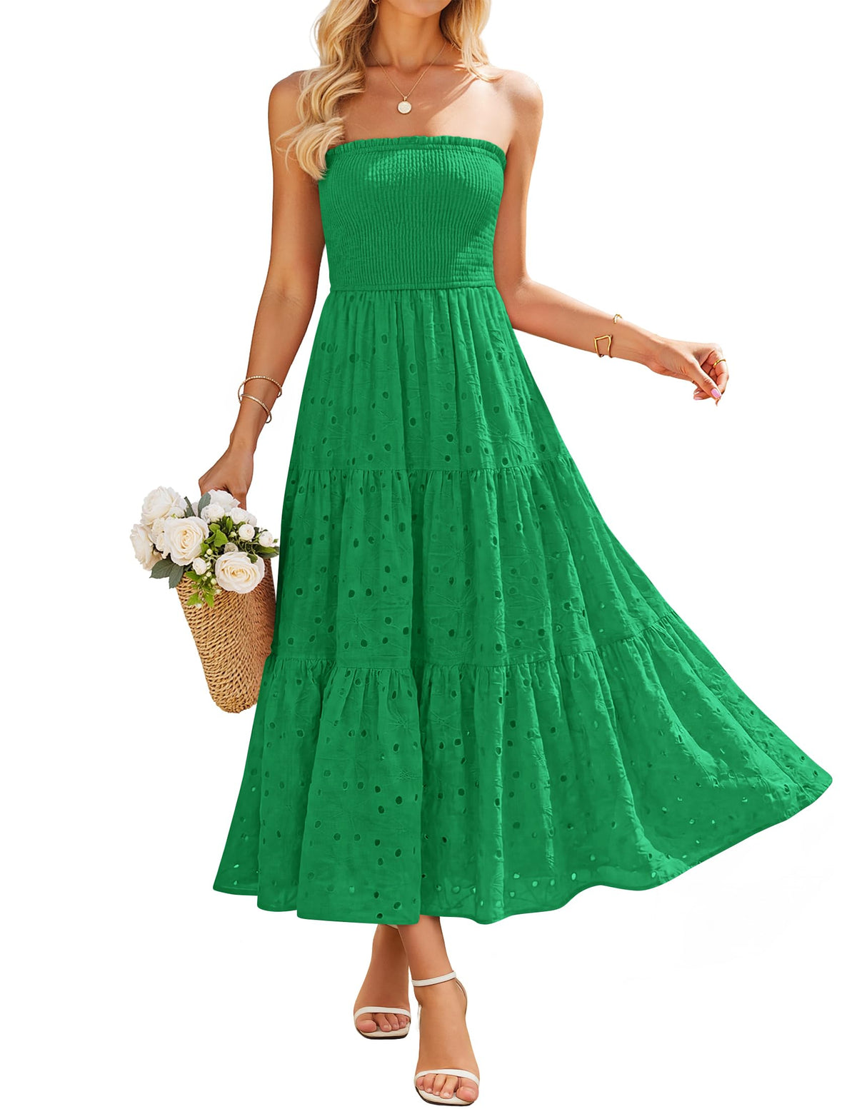 ZESICA Womens 2026 Summer Boho Strapless Smocked Midi Dresses