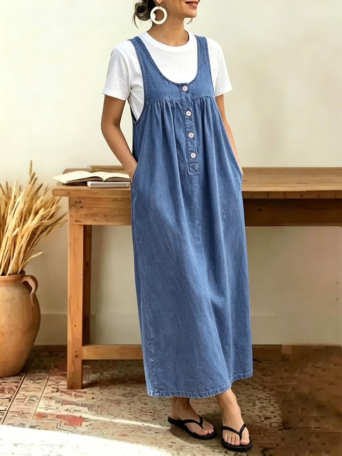 chouyatou Women's Pullover Denim Overall Dress Mid Long Button Front Pinafore Bib Jean Dress With Pockets
