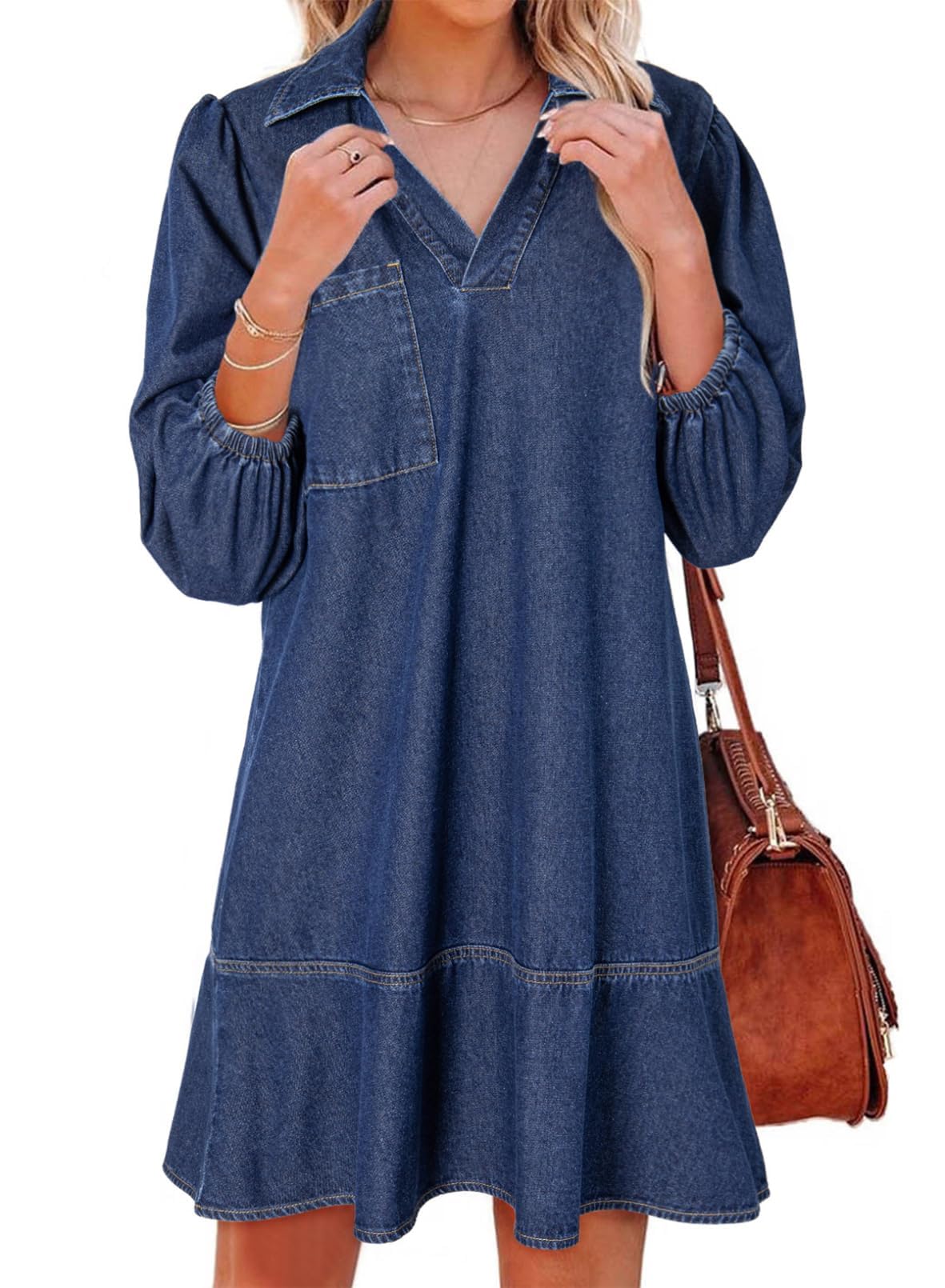 Dokotoo Denim Dress for Women Fall 3/4 Puff Sleeve Babydoll Jean Dress