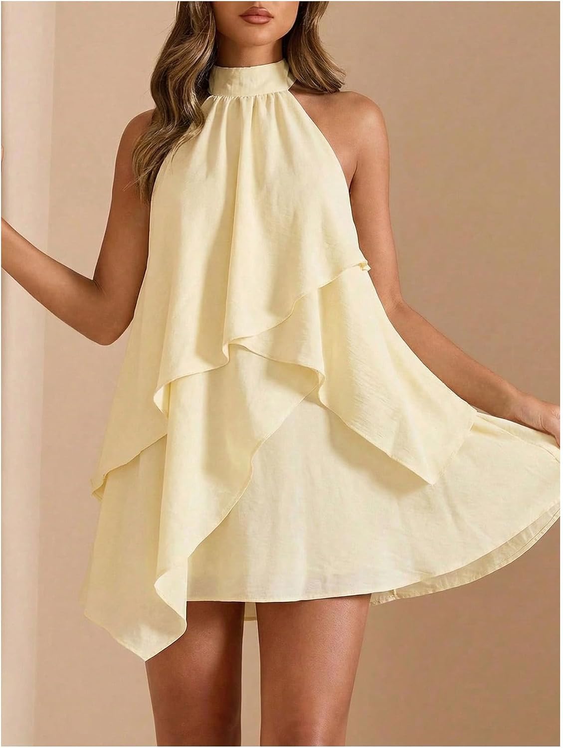 Verdusa Women's Halter Dresses Ruffle Backless Flowy Wedding Guest Dress