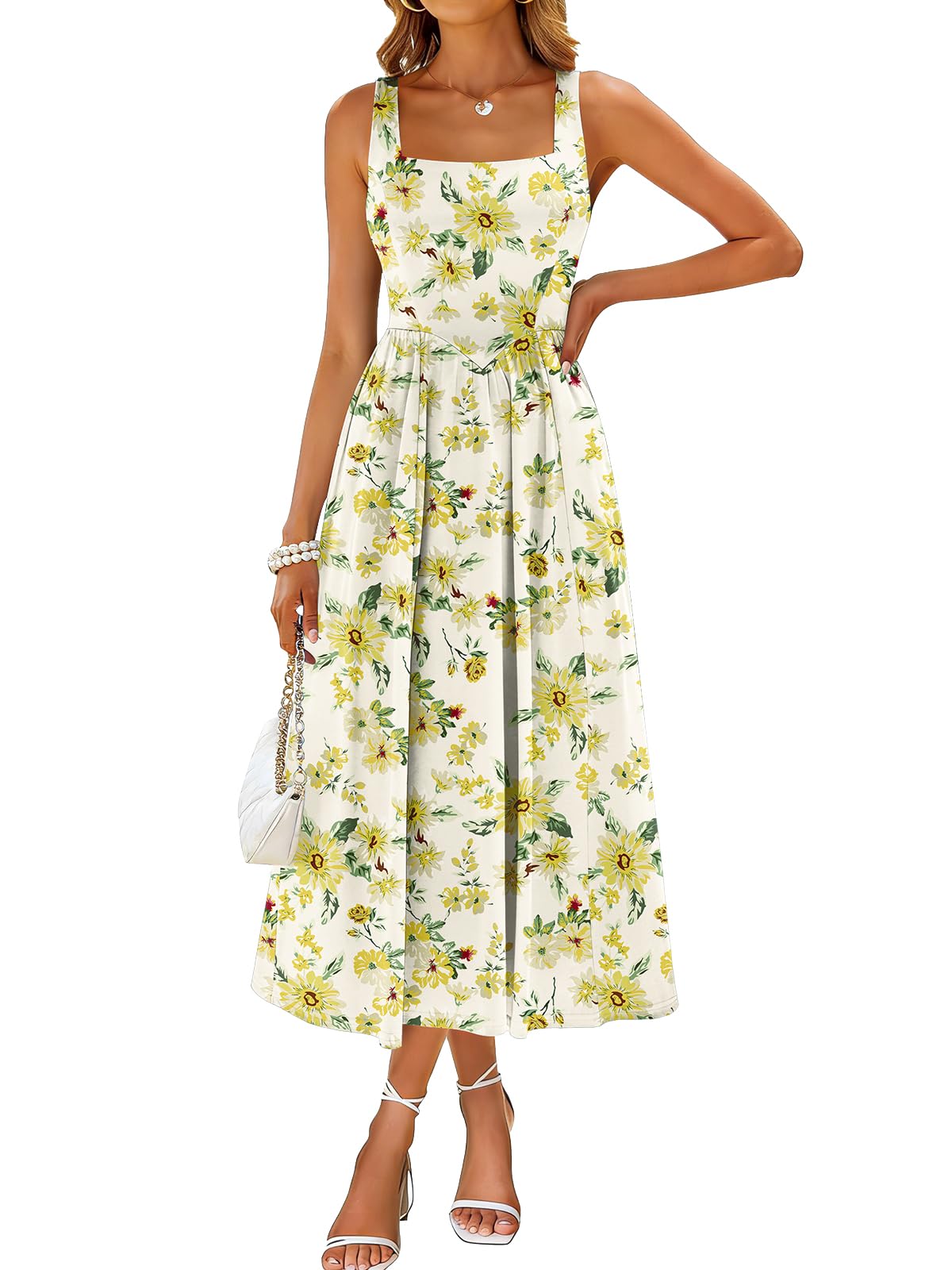 Sureple Midi Dresses for Women 2026 Spring Square Neck Tank Sleeveless A Line Casual Summer Sundresses with Pockets