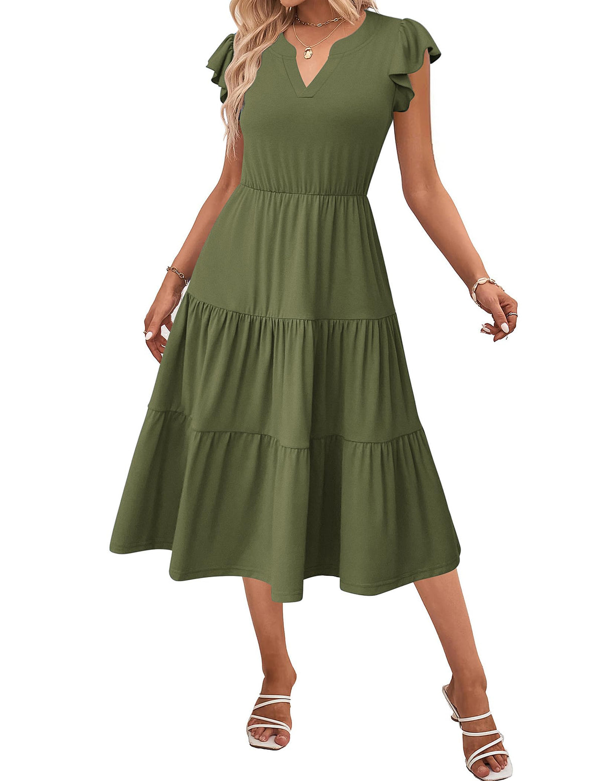 ZEAGOO Womens Summer Casual Dresses Ruffle Sleeve V Neck Midi Dress Flowy Tiered Dress with Pockets Boho Sundresses