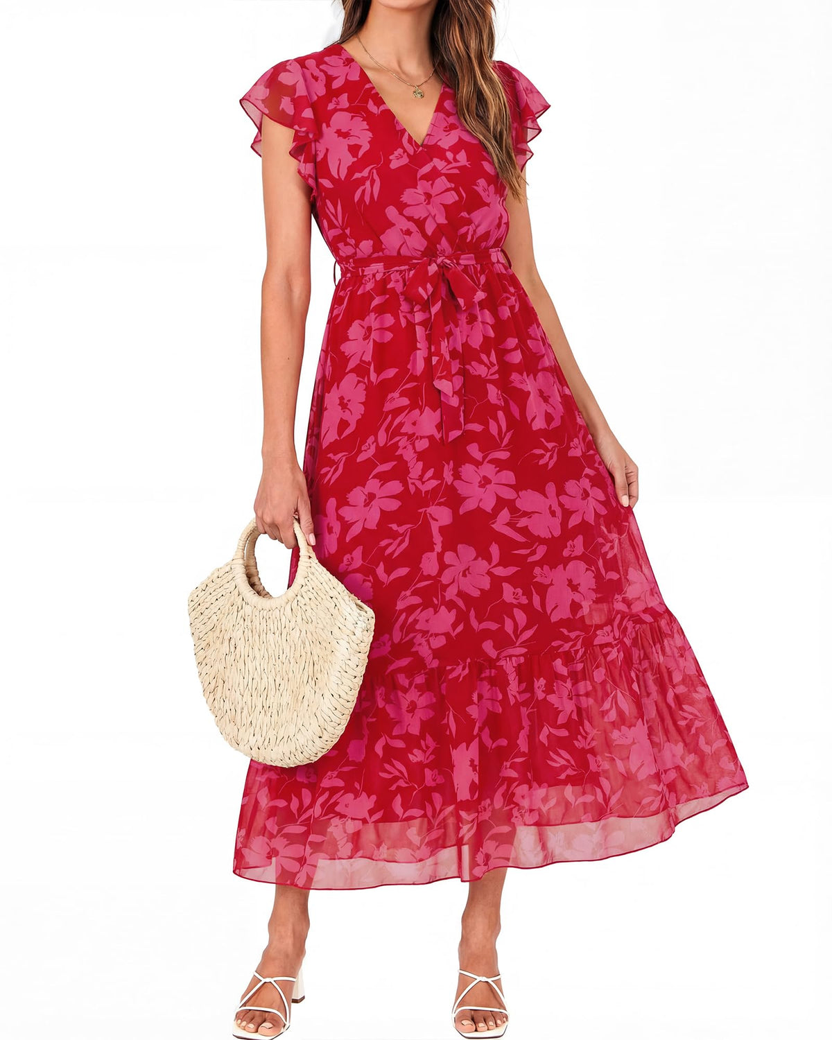 BTFBM Women Summer Casual Wrap V Neck Ruffle Cap Sleeve Belted Midi Dress