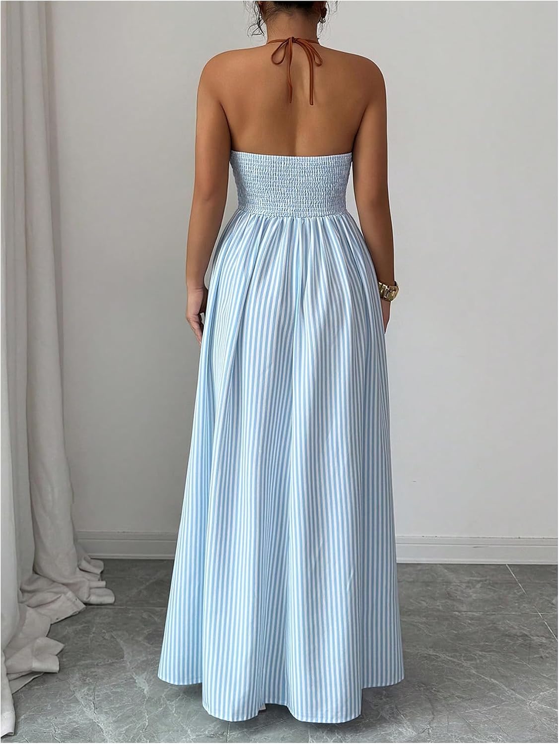 Floerns Women's Striped Halter Maxi Dress Backless Smocked Boho Dress