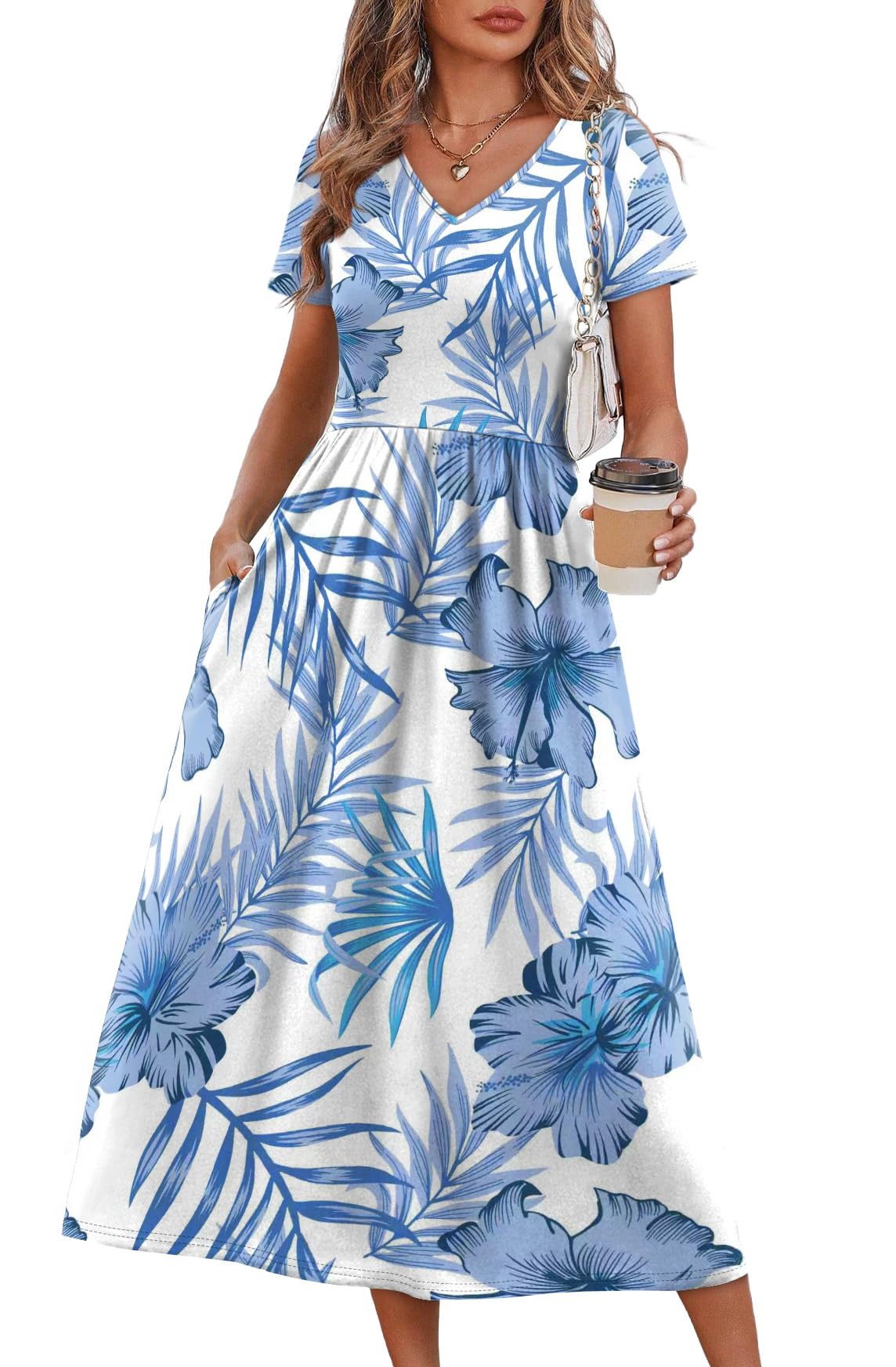 OFEEFAN Summer Dresses for Women Flowy Casual A-Line Midi Dress Beach Vacation Sundresses with Pockets S-2XL