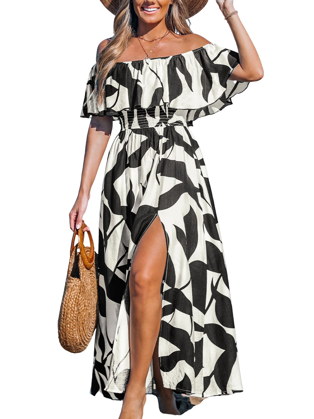 CUPSHE Womens Ruffle Floral Maxi Summer Dress Off Shoulder Beach Dress