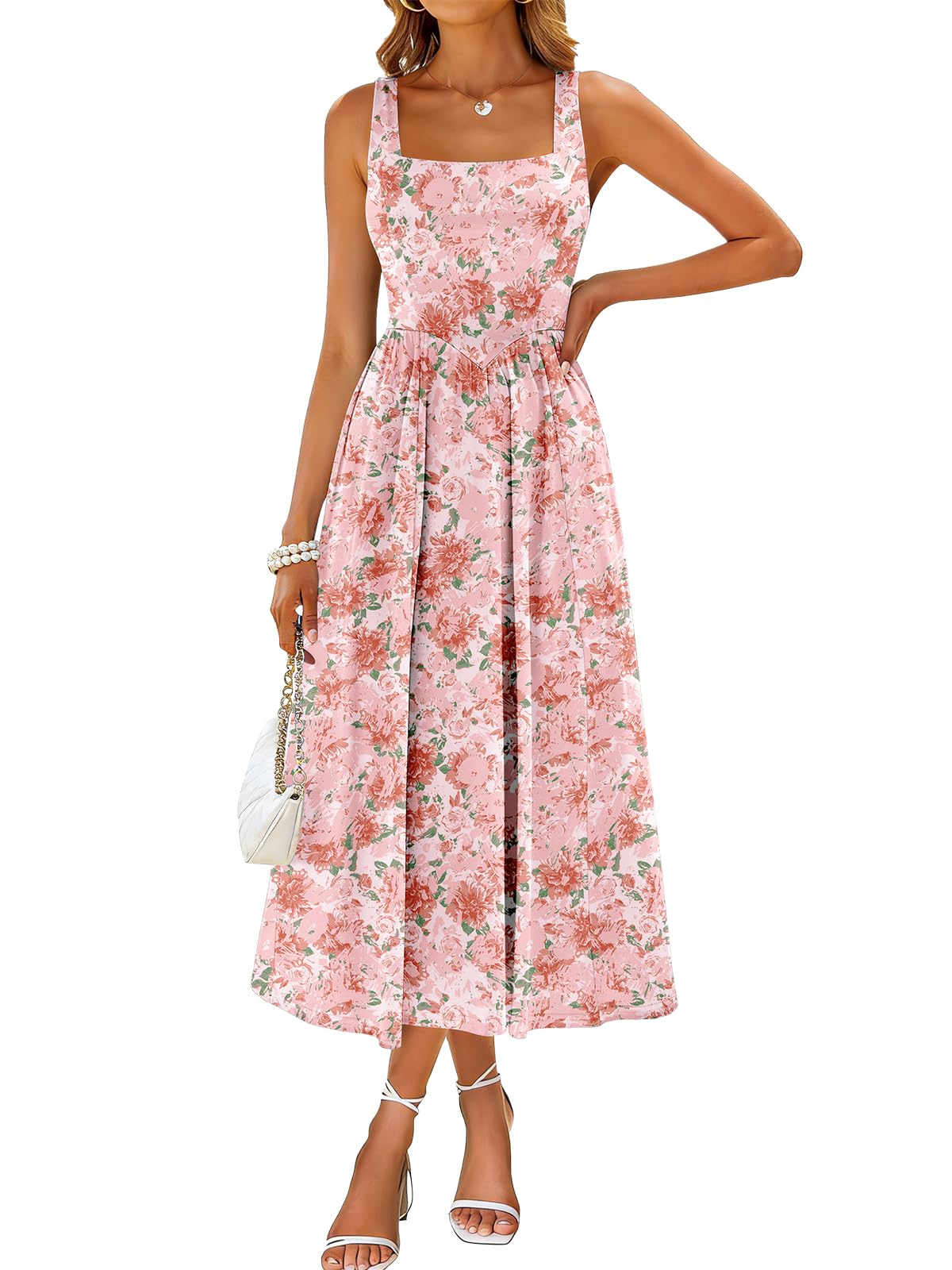 Sureple Midi Dresses for Women 2026 Spring Square Neck Tank Sleeveless A Line Casual Summer Sundresses with Pockets