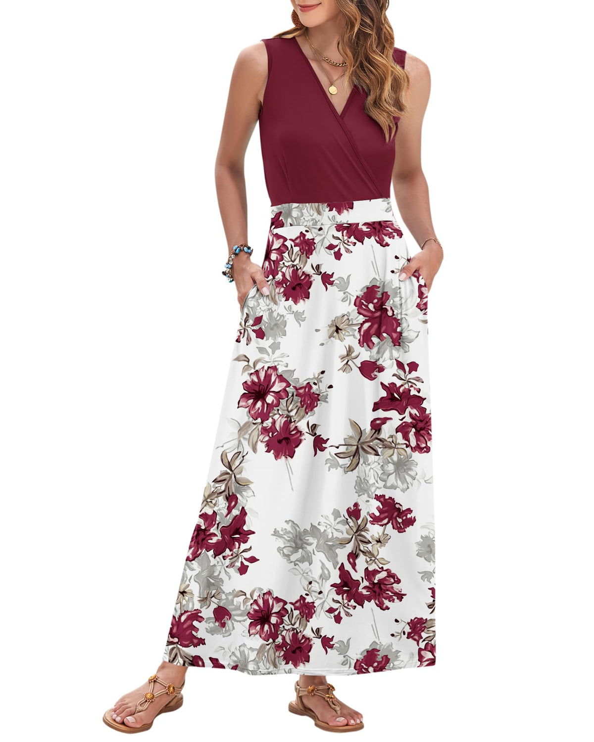 AUSELILY Womens Maxi Dress Summer Sleeveless Wrap Long Dresses with Pockets