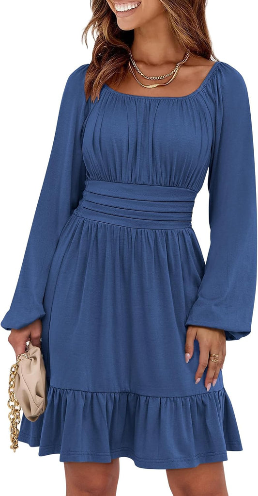 ANRABESS Women Long Lantern Sleeve Square Neck Fall Short Dress