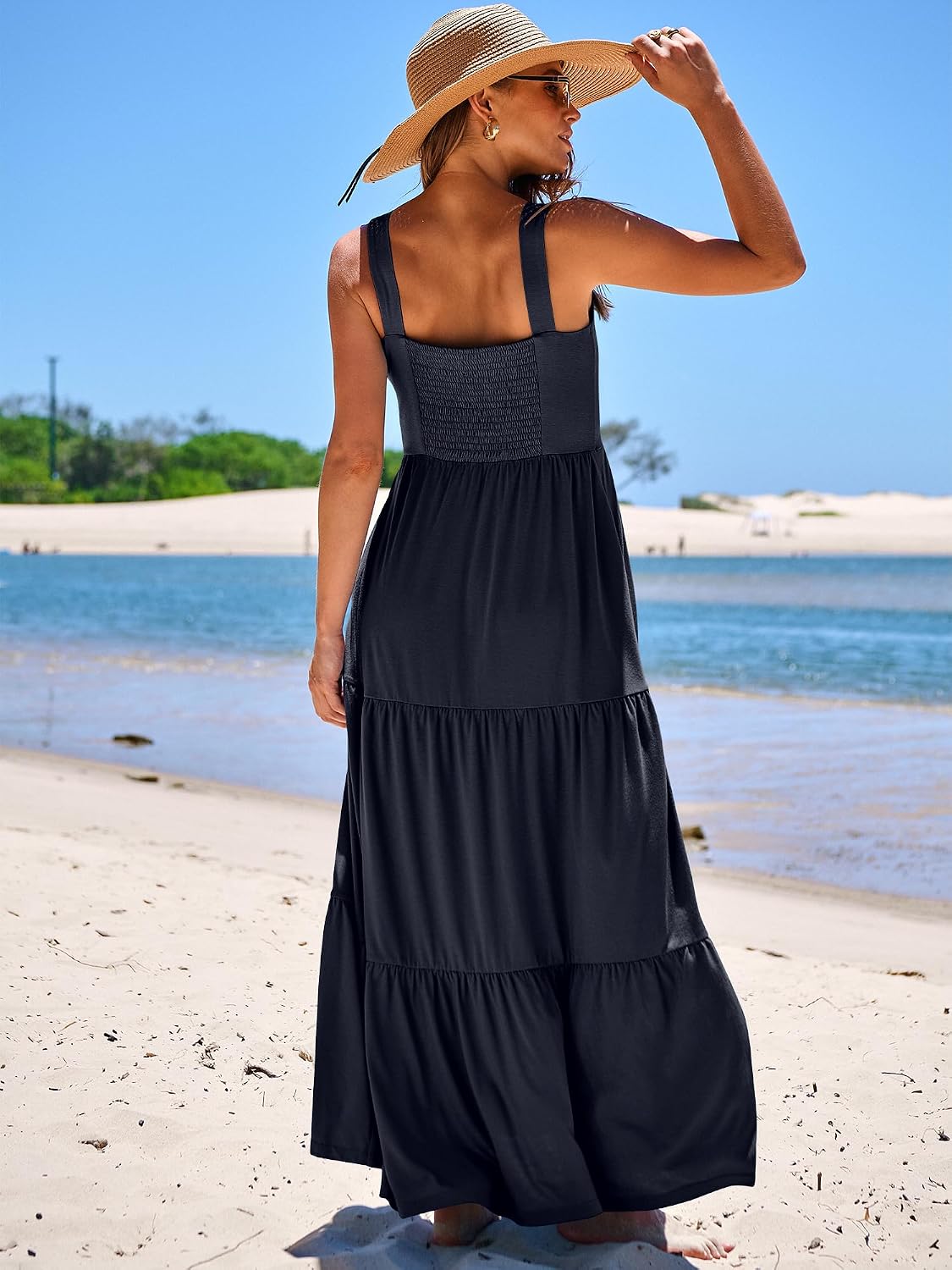 ANRABESS Women's Summer Flowy Maxi Dress Square Neck Sundress with Pockets