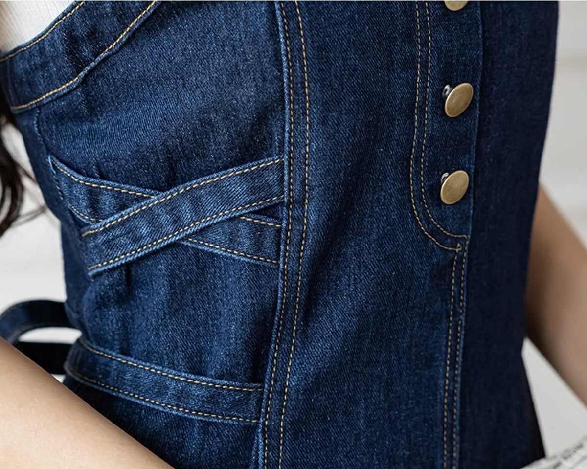 CHARTOU Women's Elegant Straps Back Smocked A-Line Long Skirt Denim Overall Pinafore Dress