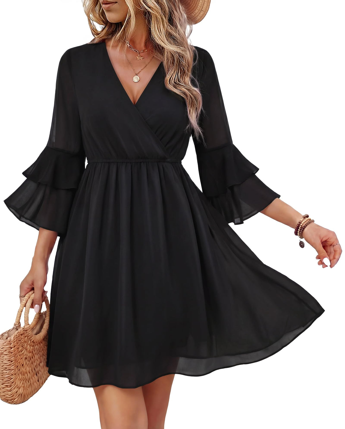 Bebonnie Womens 3/4 Ruffle Sleeve Spring Summer Casual V Neck Flowy Chiffon Layers Dresses