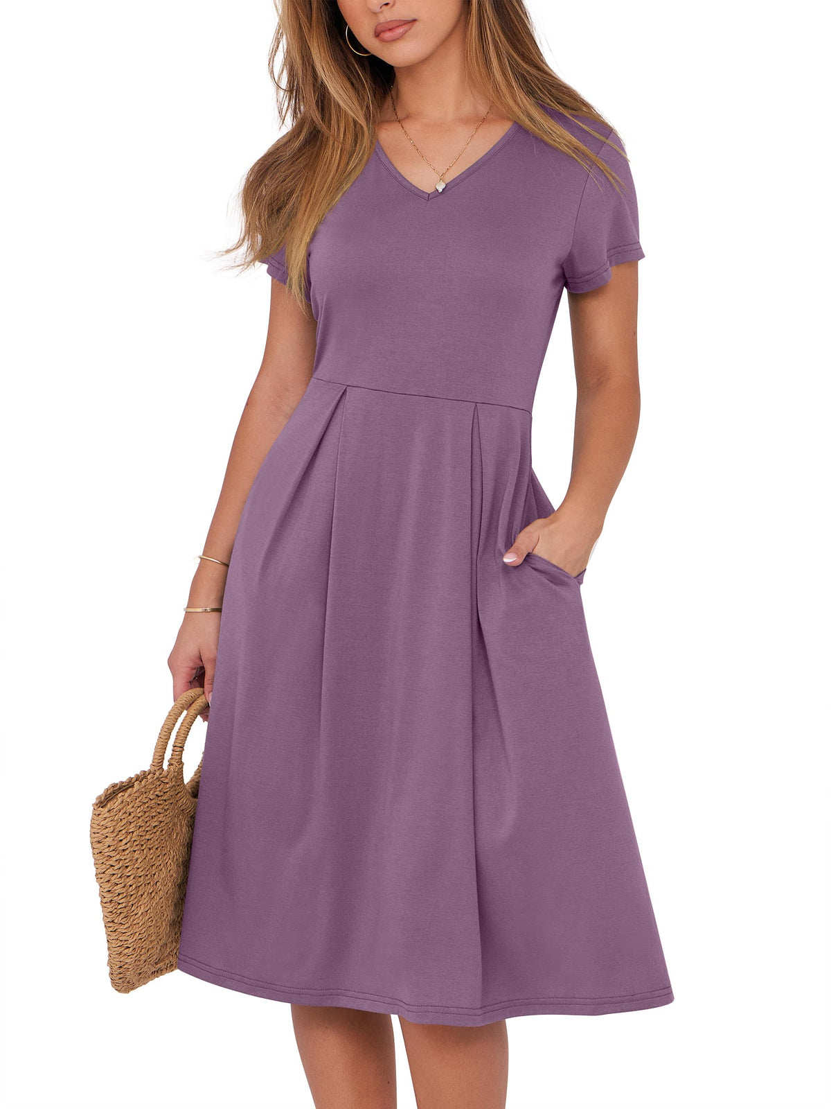 ANRABESS Women Summer Dress Casual Short Sleeve V Neck A-Line Knee Length Pleated Flowy 2026 Fashion Midi Dresses with Pocket