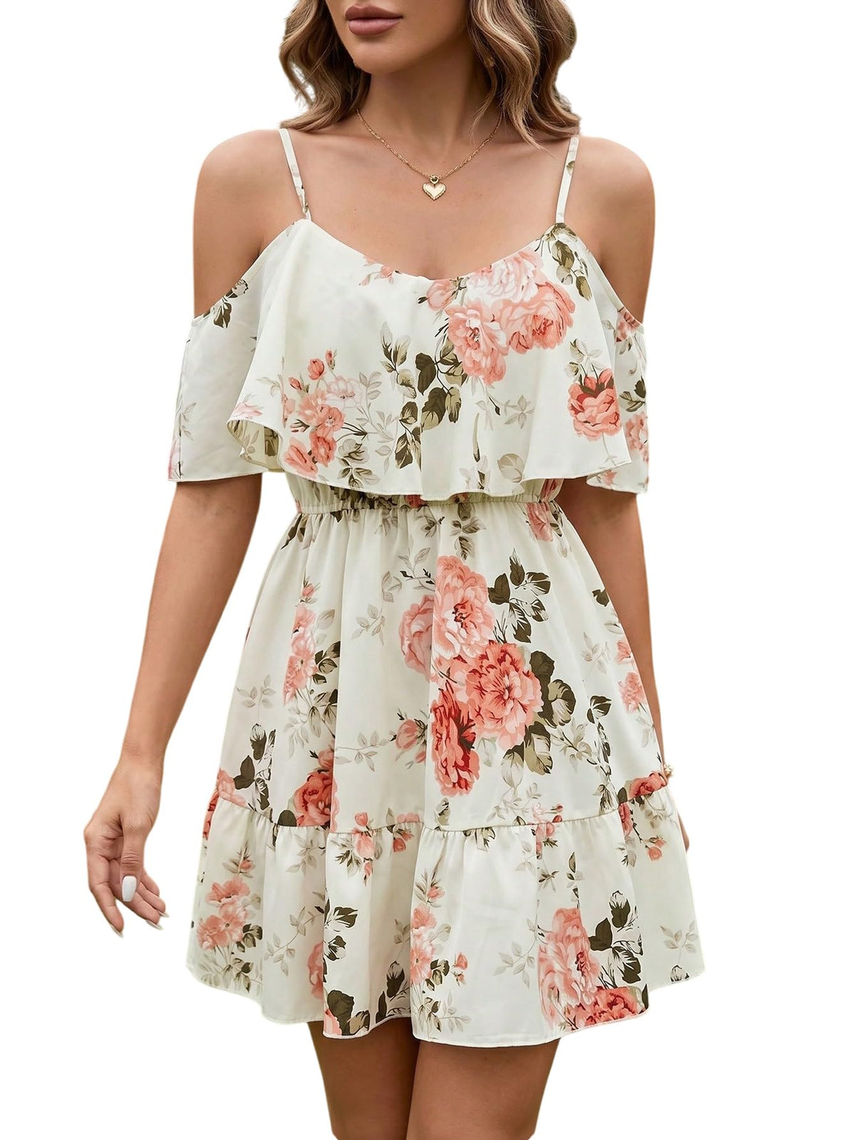 SOLY HUX Women's Summer Floral Mini Dress Cold Shoulder Ruffle Dresses