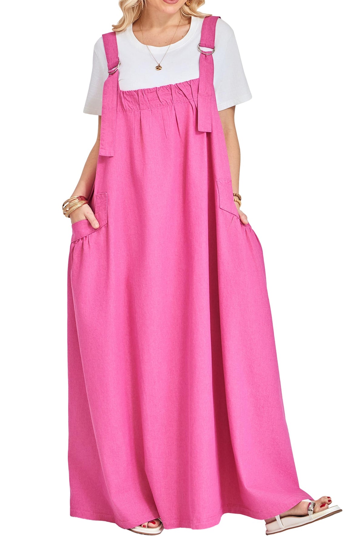Denim Jumper Dress for Women Loose Version Baggy Style Maxi Length Adjustable Straps Wide Hemline