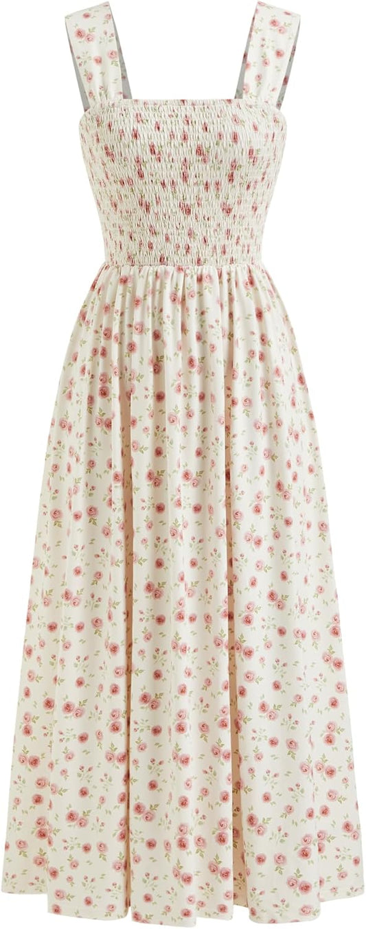CIDER Womens Floral Smocked Dresses Square Neck Long Midi Sundress