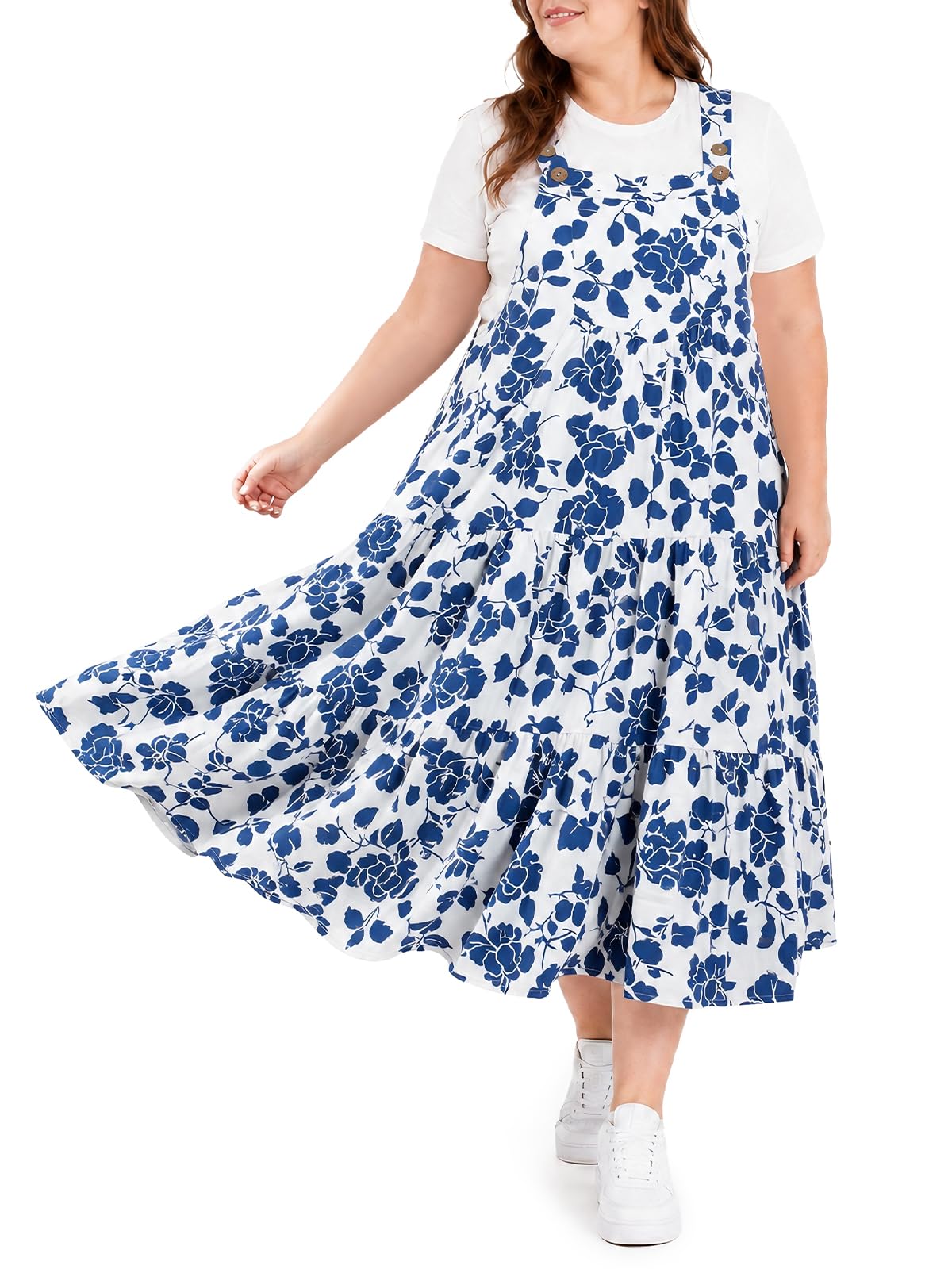 Moon Wood Plus Size Overall Dress for Women Summer Casual Maxi Dresses Jumper Dresses with Pockets Adjustable Straps